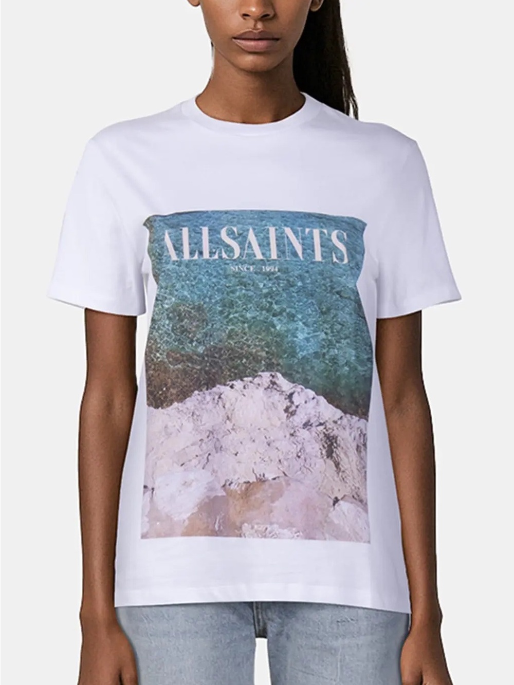 All Saints Women’s Graphic T-Shirt Large White Ocean Rock Print Short Sleeve Tee